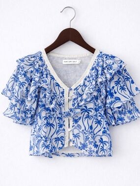 Avec Les Filles Blue White Ruffle Lace Trim Boho Blouse NWT XS